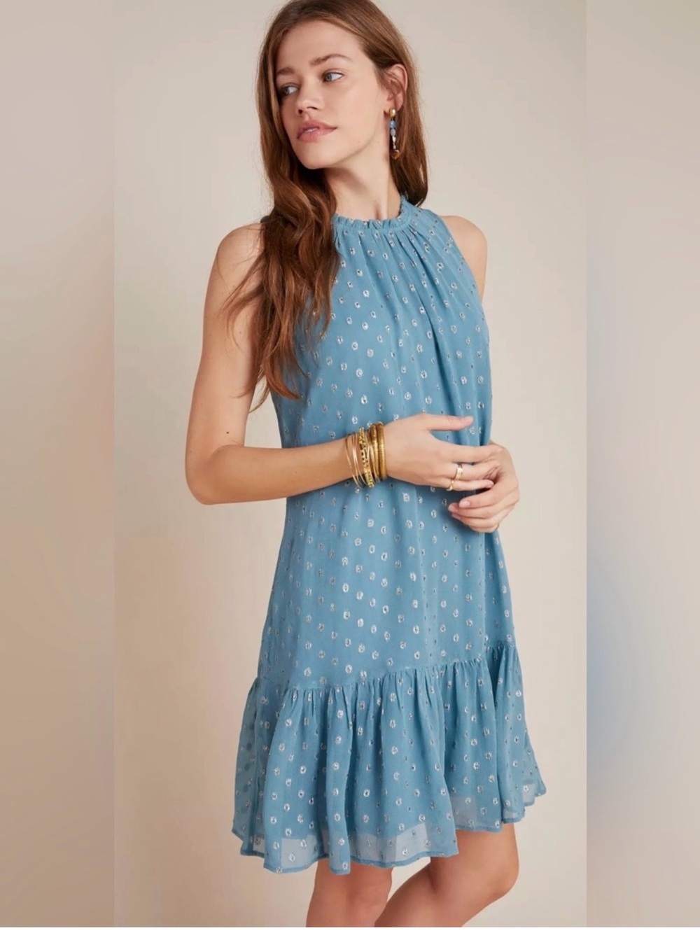 By Anthropologie Natalie Flounced Tunic Dress Blue Metallic Dot Shift Sz SP